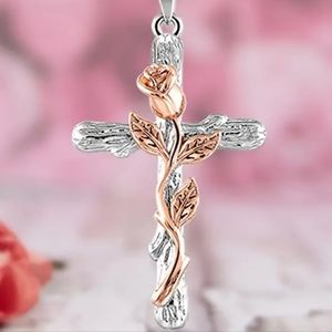 925 Sterling Silver Rose Gold Cross Pendant Necklace With Long Stem Rose